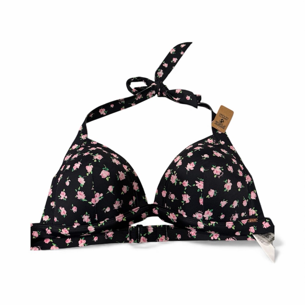 Pink by Victoria Secret black with pink flowers lined halter bikini top XL